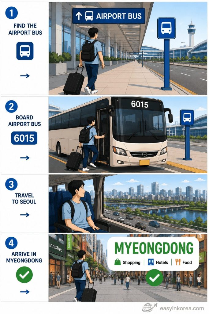 Myeongdong Station Guide showing how to travel from Incheon Airport to Myeongdong by Airport Bus 6015 with a simple step-by-step visual guide for first-time visitors.