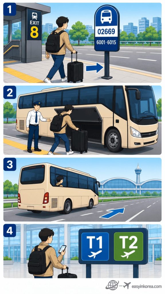 Myeongdong Station Guide showing how to take the Airport Limousine Bus from Myeongdong Station to Incheon International Airport
