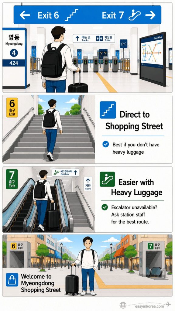 Myeongdong Station Guide comparing Exit 6 stairs and the Exit 7 escalator route toward Myeongdong Shopping Street.