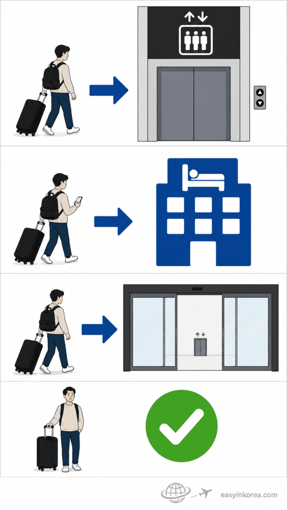 Myeongdong Station Guide visual showing a traveler with luggage using an elevator and walking to a hotel entrance