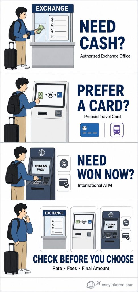 Myeongdong Station Guide comparing an authorized cash exchange office, prepaid travel card kiosk, and international ATM.