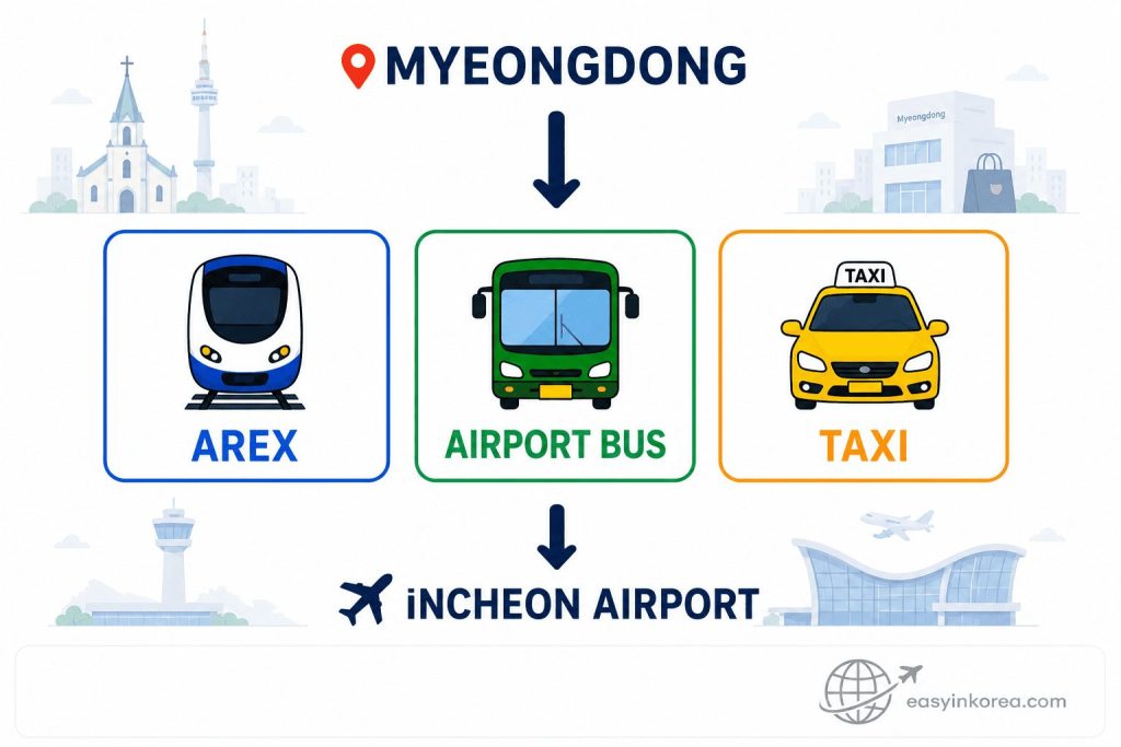 Myeongdong to Incheon Airport transport options showing AREX, Airport Bus, and taxi