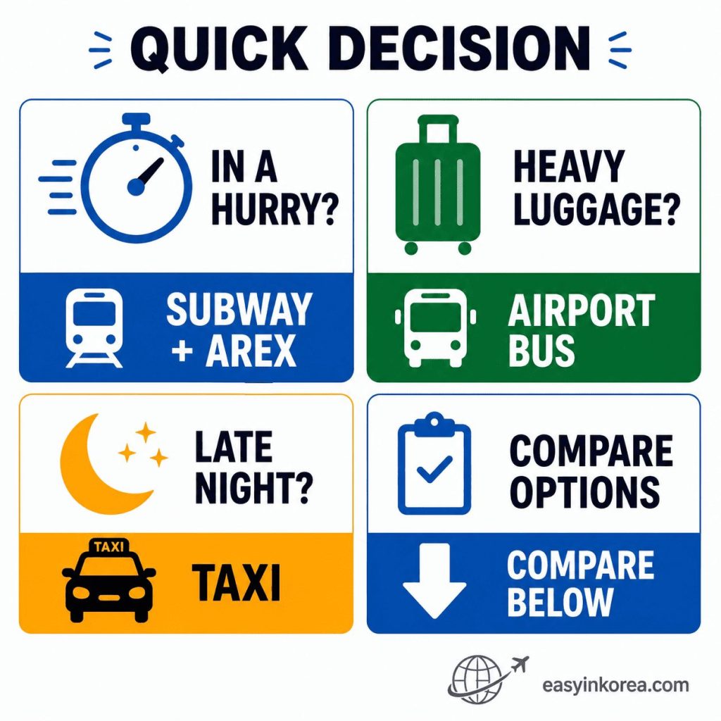 Myeongdong to Incheon Airport quick decision card comparing Subway plus AREX, airport bus, and taxi