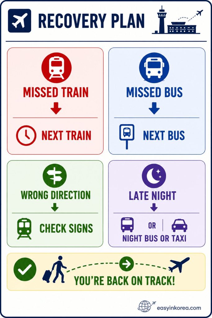 Myeongdong to Incheon Airport recovery plan showing what to do after missing a train or bus, taking the wrong direction, or traveling late at night