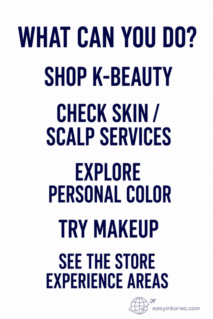 Olive Young Gwangjang Market guide showing K-beauty shopping, skin and scalp services, personal color, makeup, and store experience areas