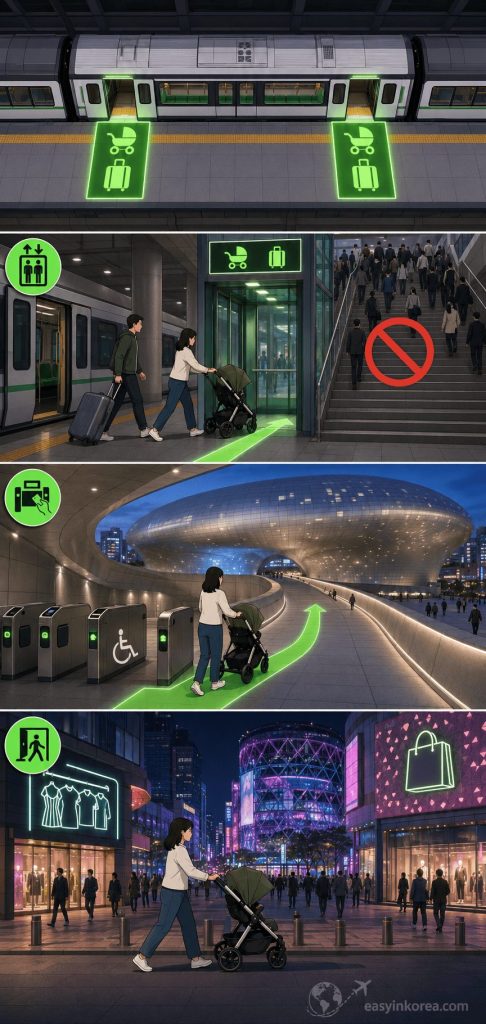 Seoul Subway Line 2 Fast Exit: An interactive four-panel chronological late-night transit infrastructure routing map for international tourists using the barrier-free DDP concrete ramp at Dongdaemun History and Culture Park station. Seoul Subway Line 2 Fast Exit