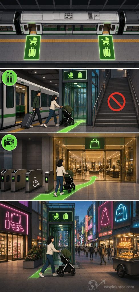 Seoul Subway Line 2 Fast Exit: An interactive four-panel chronological late-night transit infrastructure routing map for international tourists using the Samsung building street elevator at Euljiro 1-ga station near Myeongdong.
