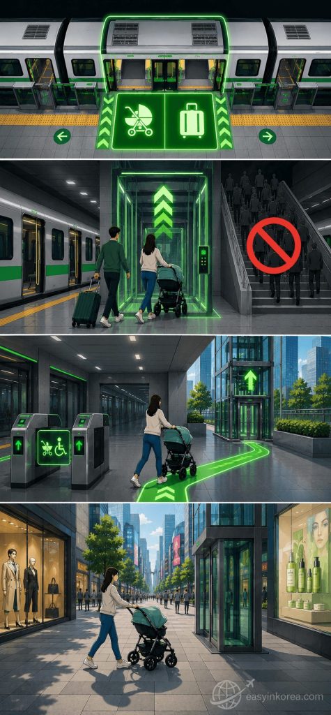 Seoul Subway Line 2 Fast Exit: An interactive four-panel chronological late-night transit infrastructure routing map for international tourists using the hidden Glatower street elevator at Gangnam station. Seoul Subway Line 2 Fast Exit