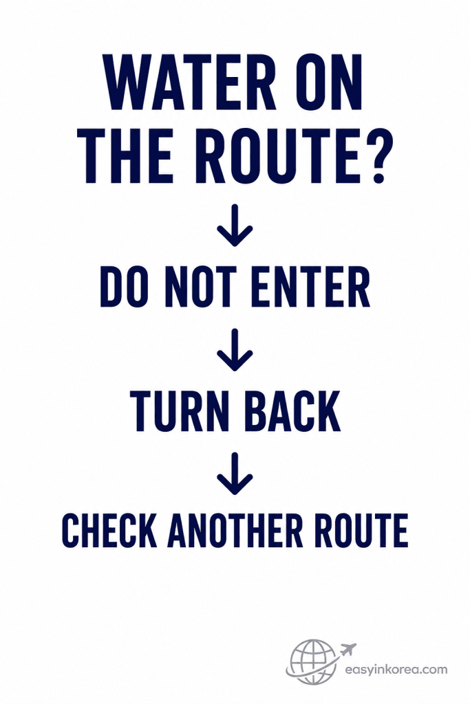 Seoul heavy rain safety decision showing do not enter flooded routes, turn back, and check another route