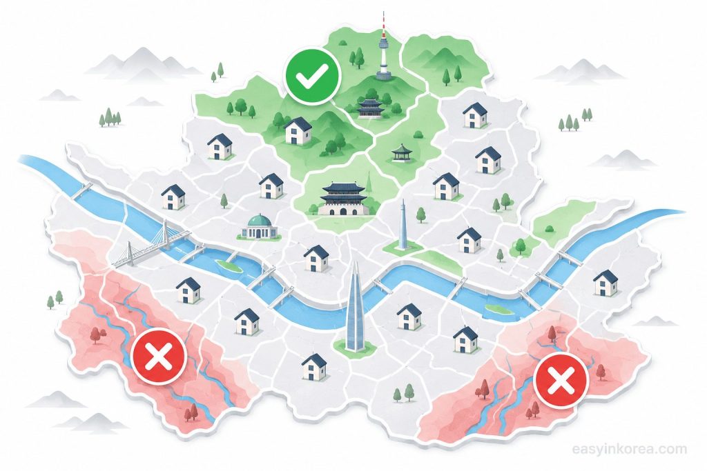 Seoul Heavy Rain Survival Guide Master Matrix: Safe High-Ground Accommodation Zones and Low-Lying Flash Flood Risk Areas Blueprint for International Independent Travelers in South Korea.