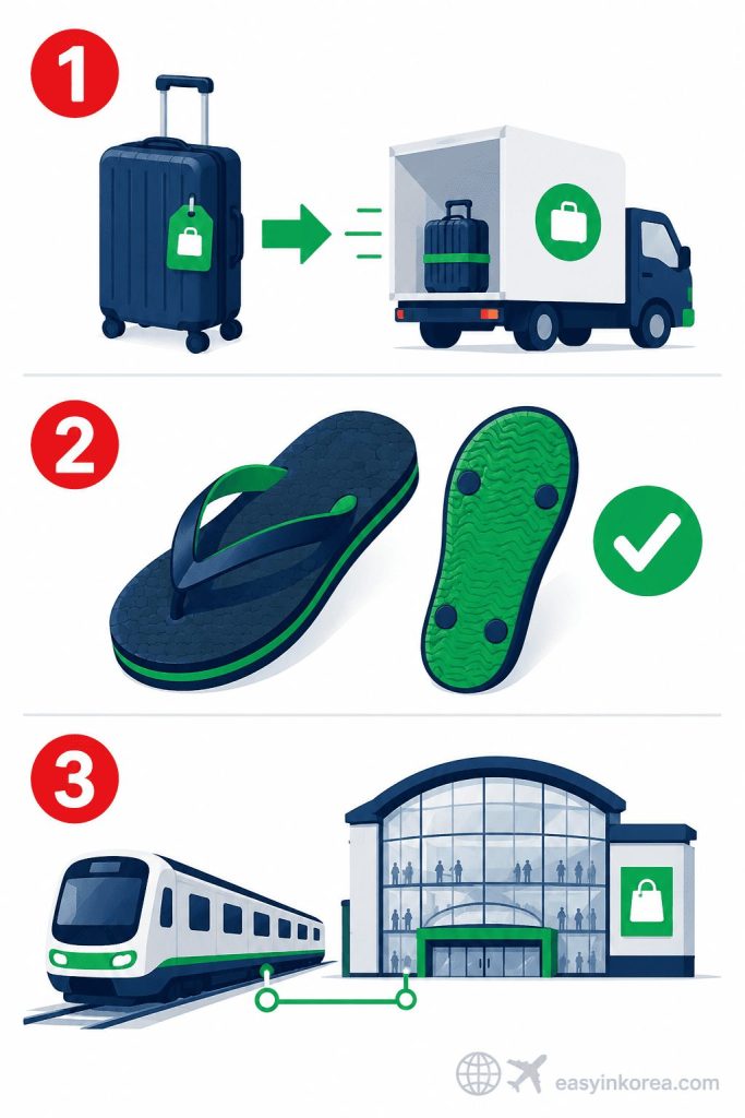 Seoul Heavy Rain Survival Guide Subterranean Transit Escape Protocol: Incheon Airport SAFEX Luggage Delivery Service, Non-Slip Slippers Footwear Optimization, and Subway Connected Indoor Shopping Mall Alternative Outlets.