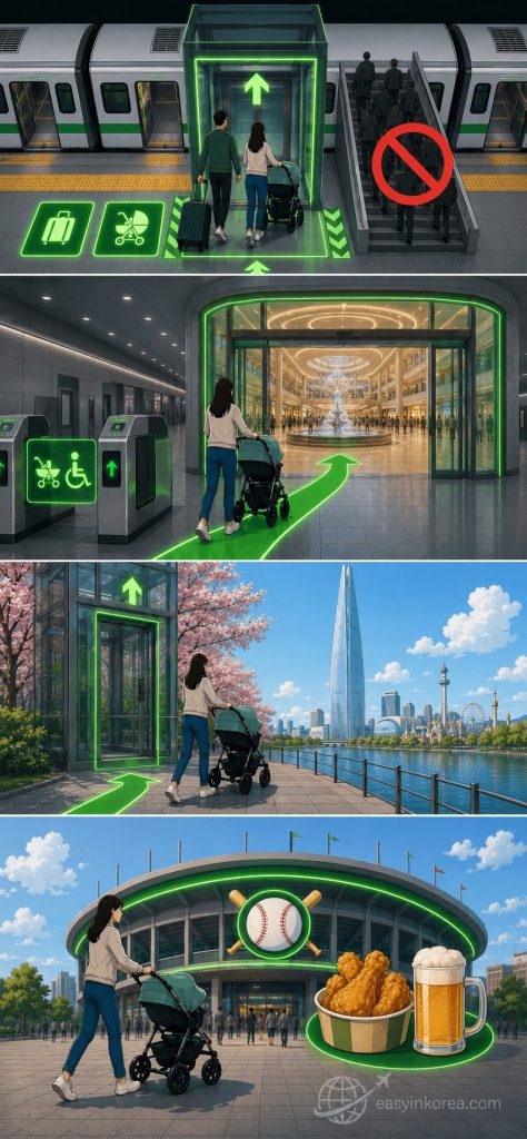 Seoul Subway Line 2 Fast Exit: An interactive four-panel chronological late-night transit infrastructure routing map for international tourists using Lotte World Mall fountain elevators and visiting Seokchon Lake or Jamsil Baseball Stadium at Jamsil station. Seoul Subway Line 2 Fast Exit
