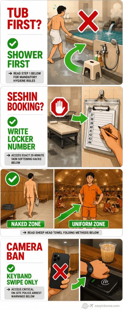 Seoul Jjimjilbang Etiquette Guide: A high-contrast four-panel vertical travel tutorial infographic map detailing naked wet zone wash stations, Seshin body scrub clipboard booking, co-ed uniform codes, and strict smartphone camera lockout rules for international independent tourists.