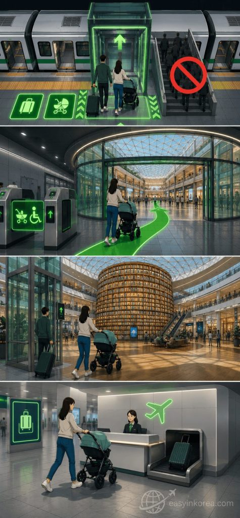 Seoul Subway Line 2 Fast Exit: An interactive four-panel chronological late-night transit infrastructure routing map for international tourists using COEX mall elevators and City Airport Terminal at Samseong station.Seoul Subway Line 2 Fast Exit