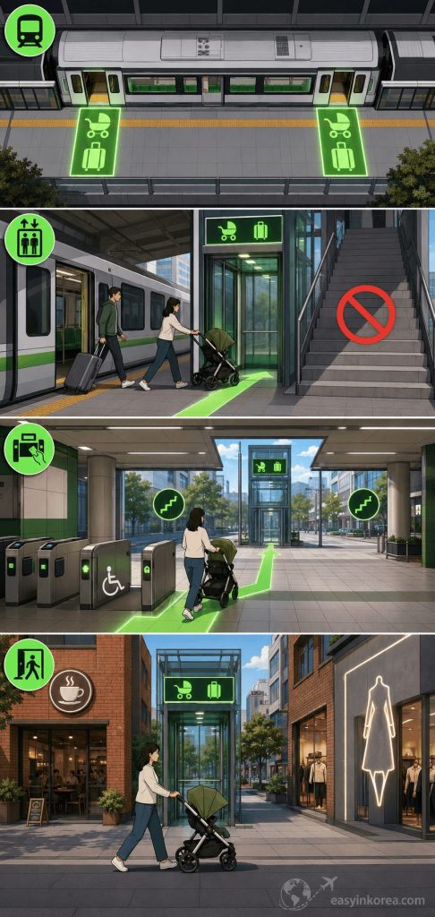Seoul Subway Line 2 Fast Exit: An interactive four-panel chronological late-night transit infrastructure routing map for international tourists using elevated platform elevators and accessing trendy popup streets at Seongsu station. Seoul Subway Line 2 Fast Exit