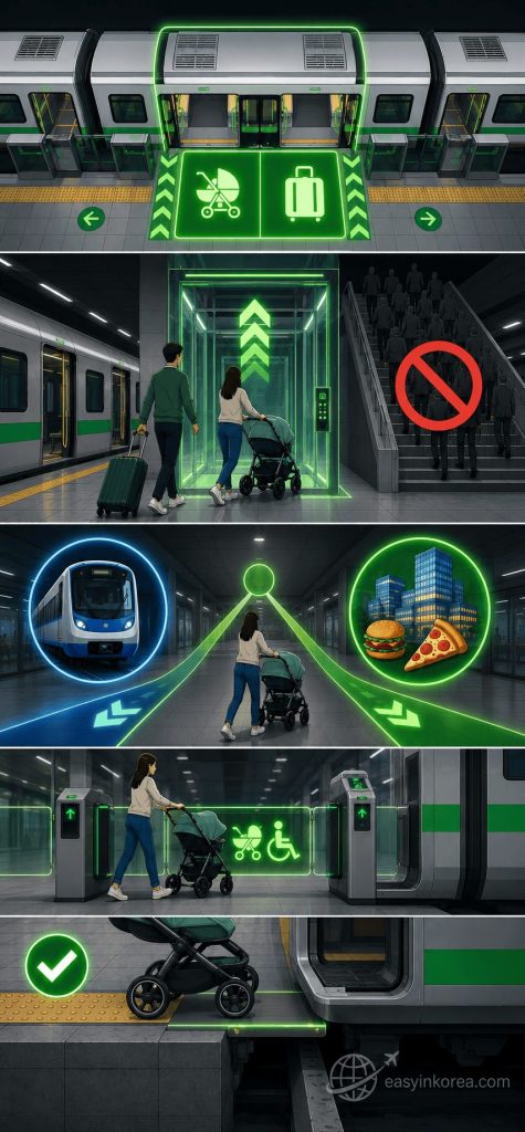 Flawless Seoul Subway Line 2 Fast Exit logistics corridor directly connected to Hyundai D-Cube City department store basement entrance.