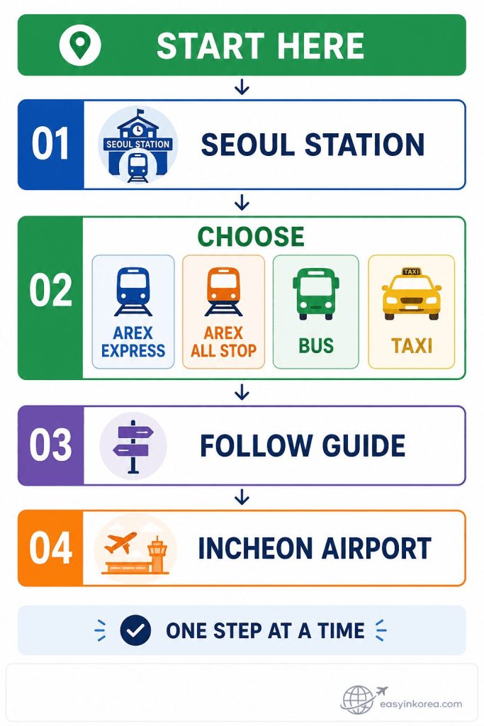 Seoul Station to Incheon Airport process flow card showing how to choose between AREX Express, AREX All Stop, Airport Bus, and Taxi before arriving at Incheon Airport.