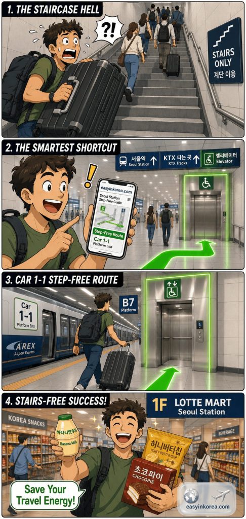 Seoul Station Transfer Guide: An interactive four-panel comic strip blueprint showcasing a solo international tourist bypassing the stairs at the B7 AREX platform to reach Lotte Mart flat.