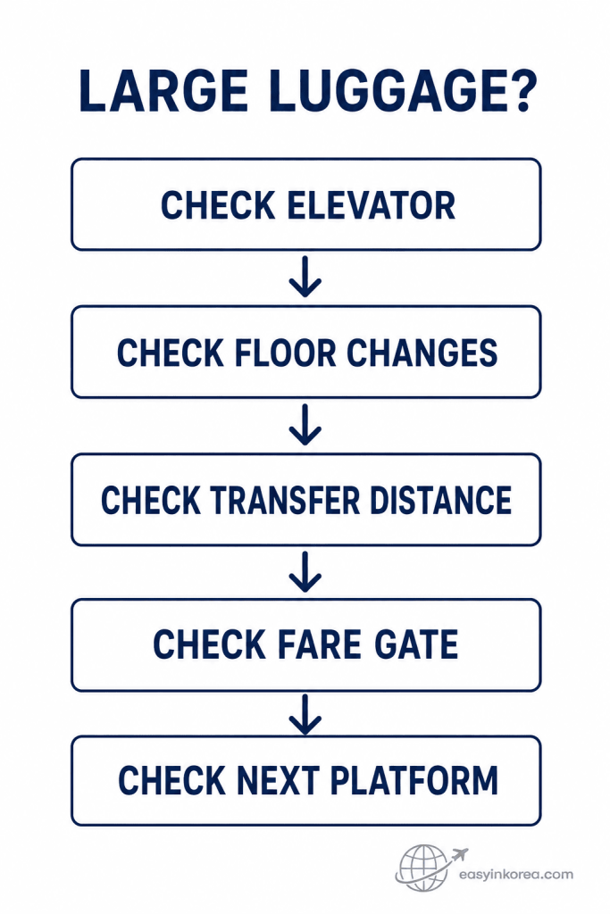 Seoul Station Transfer Guide showing large luggage checks for elevators, floor changes, transfer distance, fare gates, and the next platform.