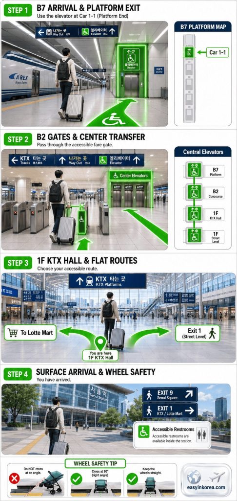 Seoul Station Transfer Guide: A single continuous long vertical 4-panel infographic blueprint showcasing a chronological stairs-free elevator routing pipeline from B7 platform to Lotte Mart for international tourists flat.