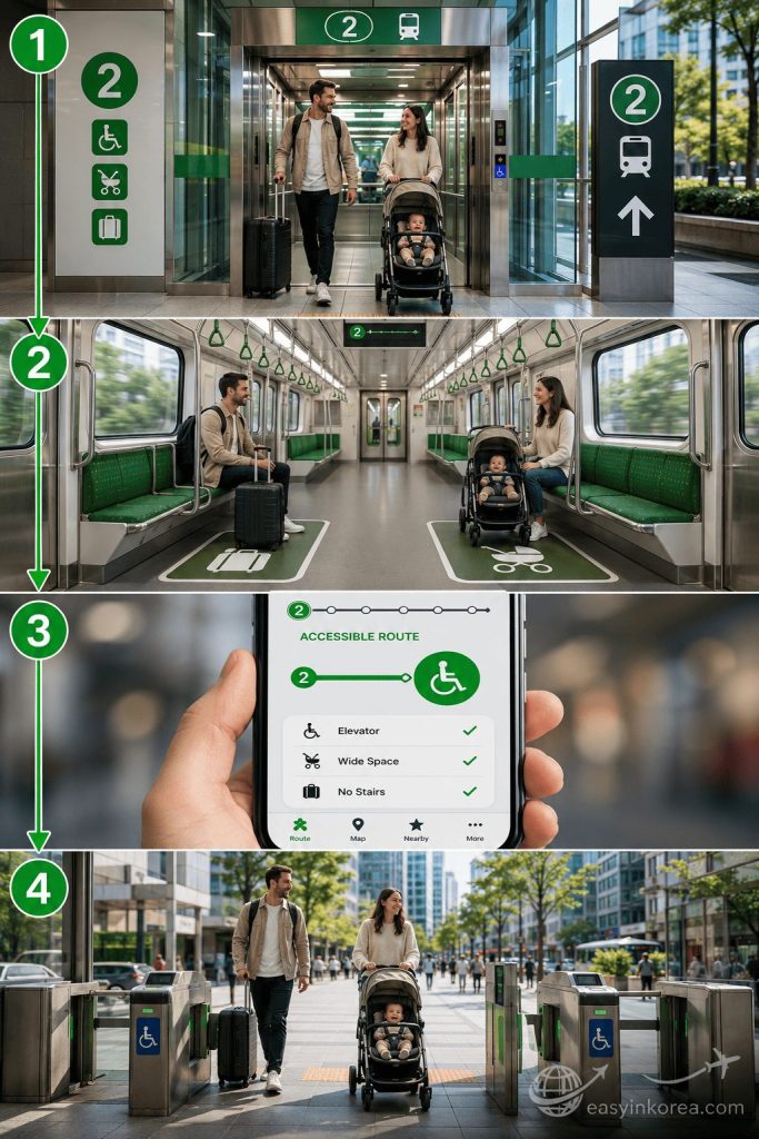 Seoul Subway Line 2 Fast Exit: An interactive four-panel chronological late-night transit infrastructure layout map and step-by-step route blueprint for international travelers inside Seoul airport metro line.