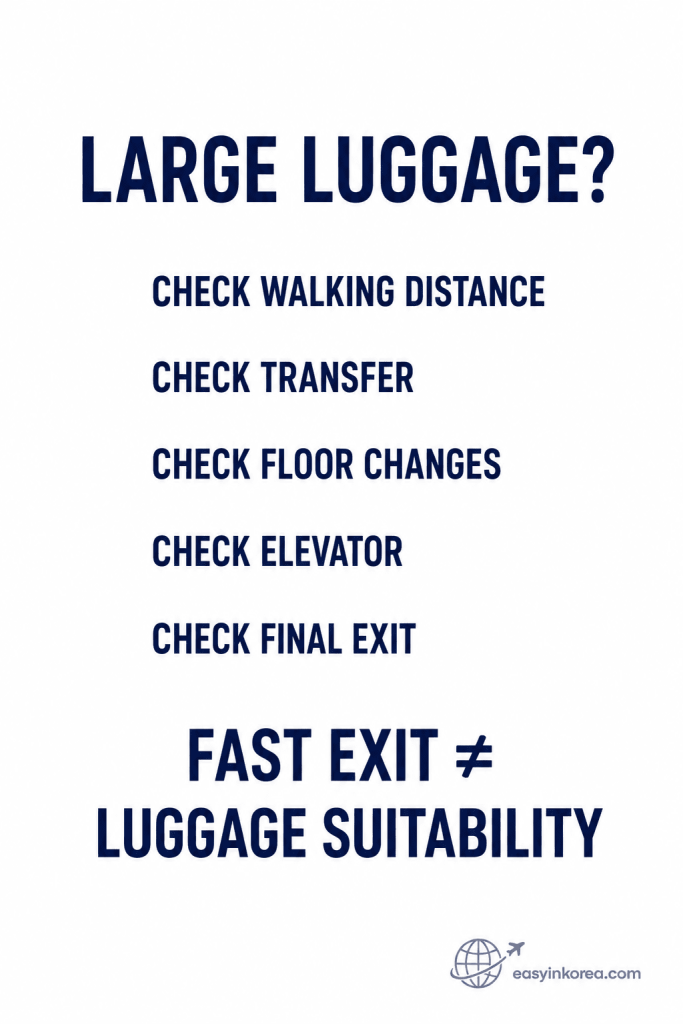 Seoul Subway Line 2 Fast Exit guide for large luggage showing walking distance, transfers, floor changes, elevator access, and final exit checks