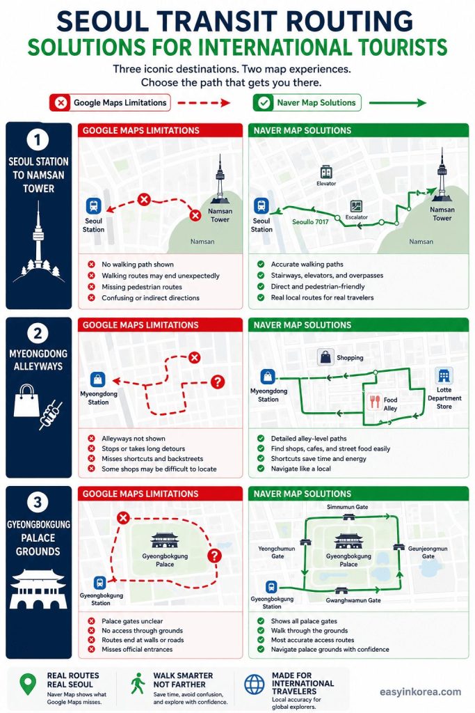 Seoul Transit Routing Solutions vs Naver Map English: A detailed multi-destination comparison guide showcasing the walking path limitations of Google Maps versus the accurate pedestrian-friendly routes on Naver Map English layout. Master the Naver Map English setup to navigate Namsan Tower, Myeongdong alleyways, and Gyeongbokgung Palace grounds cleanly featured inside this premium Naver Map English manual blueprint.