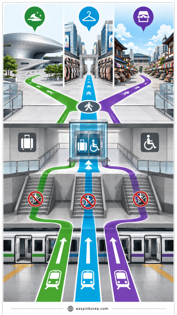 Seoul Travel Guide infographic showing an offline survival text free vertical map inside Dongdaemun station for a seamless elevator route from Line 2 Green Line 4 Light Blue and Line 5 Purple platforms straight to DDP and fashion malls
