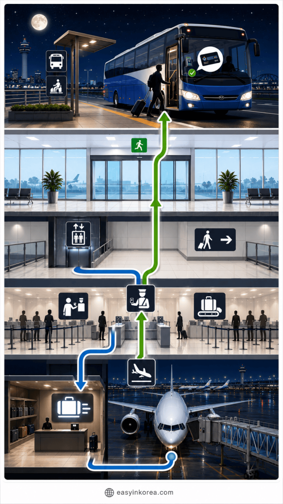 Incheon Airport Midnight Bus Guide: An interactive chronological late-night transit infrastructure layout map and step-by-step route blueprint for international travelers inside Seoul airport.