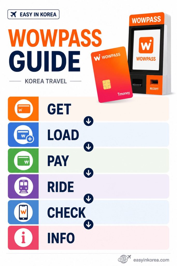 WOWPASS Complete Guide showing how to get, load, pay, ride, check the app, and find help while traveling in Korea