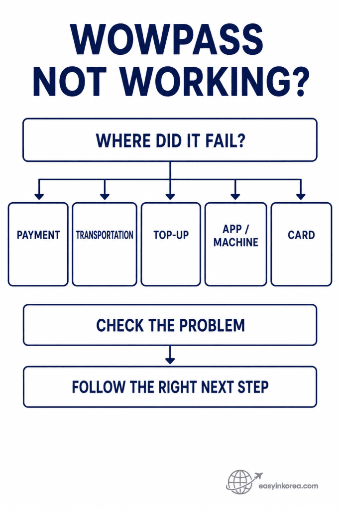 WOWPASS troubleshooting chart for payment, transportation, top-up, app or machine, and card problems