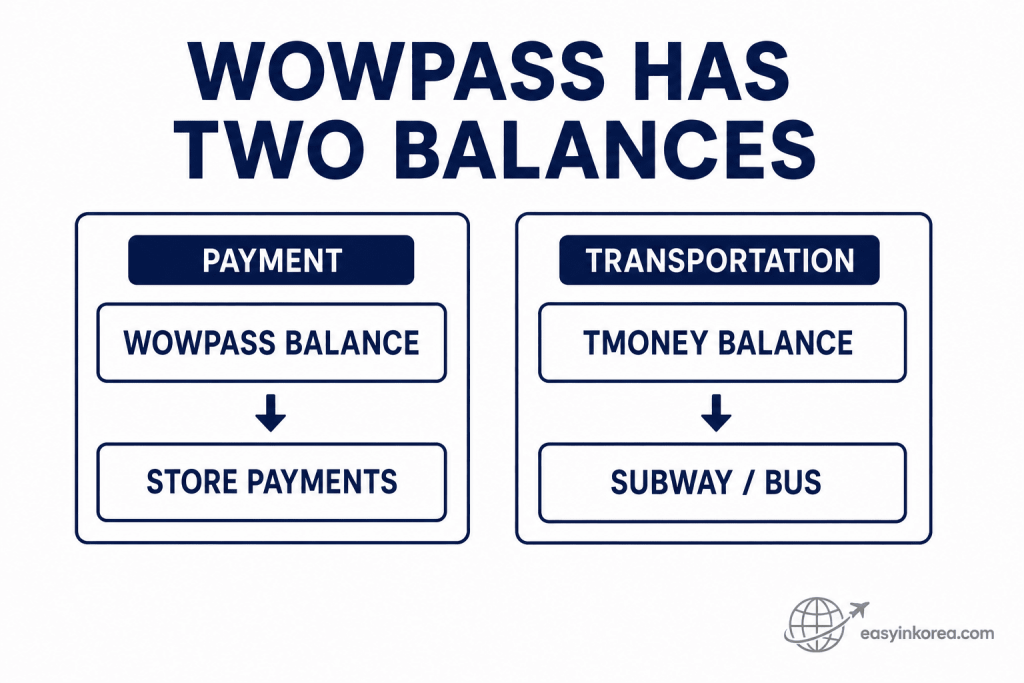 WOWPASS two-balance chart showing WOWPASS balance for store payments and Tmoney balance for subway and bus