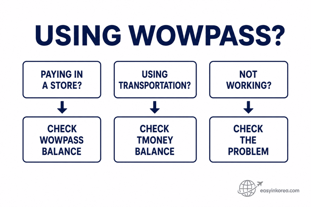 WOWPASS decision chart for checking payment balance, Tmoney transportation balance, or a card problem
