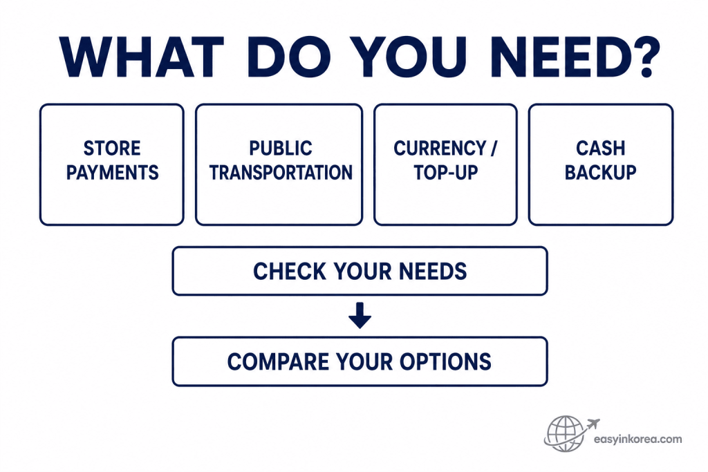 WOWPASS decision chart for store payments, public transportation, currency top-up, and cash backup options