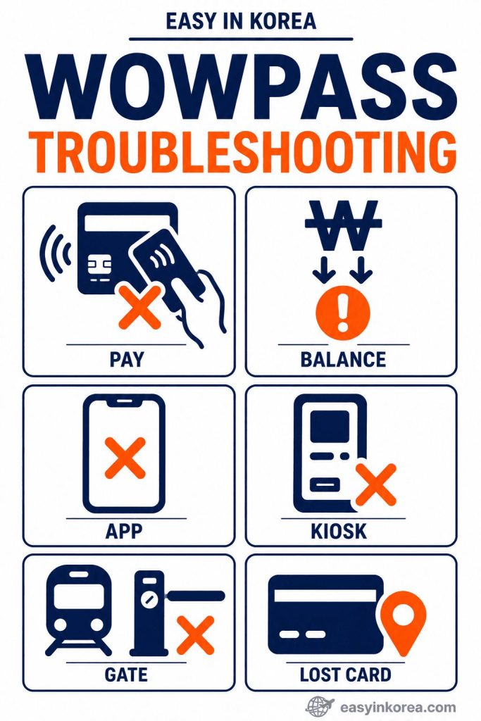 WOWPASS Troubleshooting Guide for payment, balance, app, kiosk, subway gate, and lost card problems in Korea
