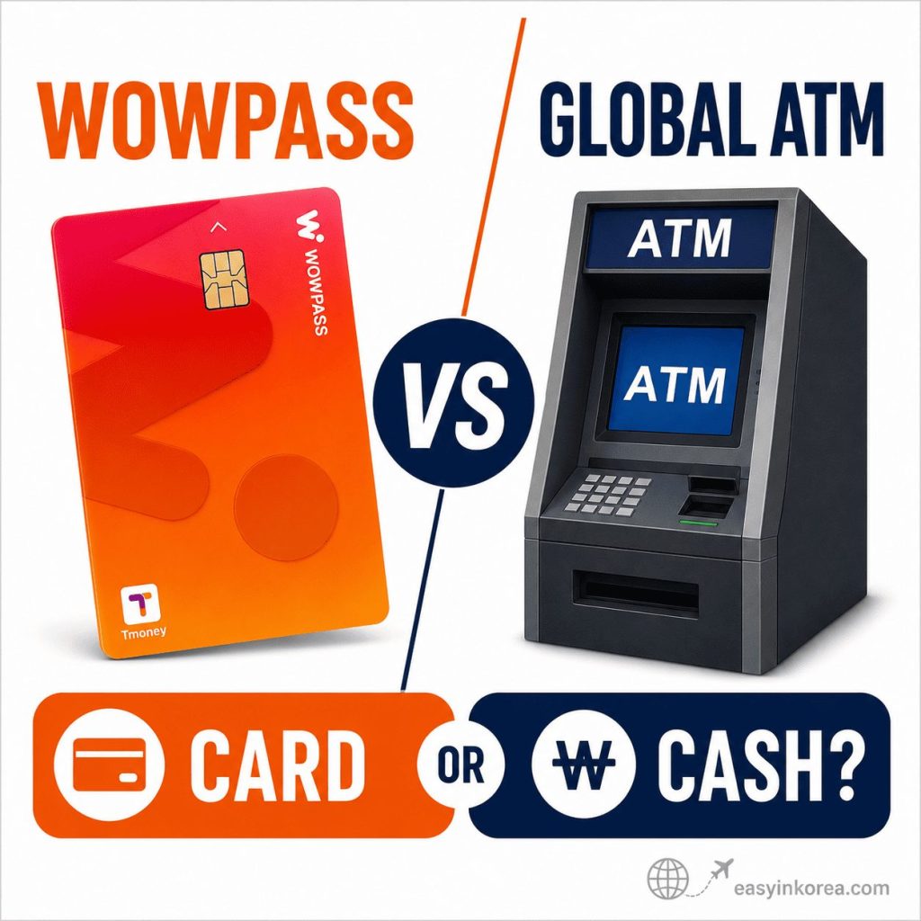 WOWPASS vs Global ATM comparison showing a WOWPASS card, a Korean ATM, and a card or cash decision for travelers in Korea