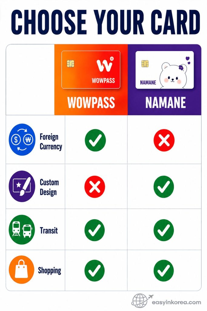 WOWPASS vs NAMANE Card comparison for foreign currency, custom design, transit, and shopping in Korea