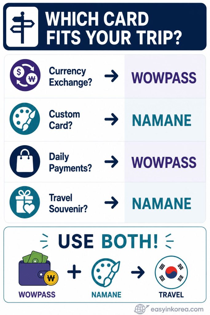 WOWPASS vs NAMANE Card decision guide for currency exchange, custom card design, daily payments, and travel souvenirs in Korea