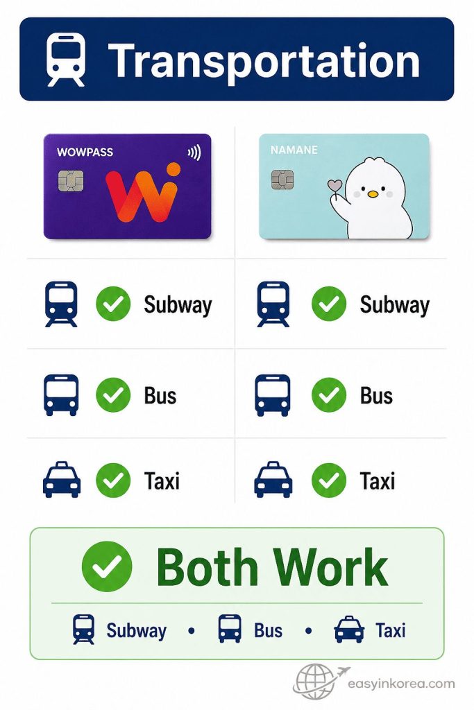 WOWPASS vs NAMANE Card transportation comparison showing subway, bus, and taxi use in Korea