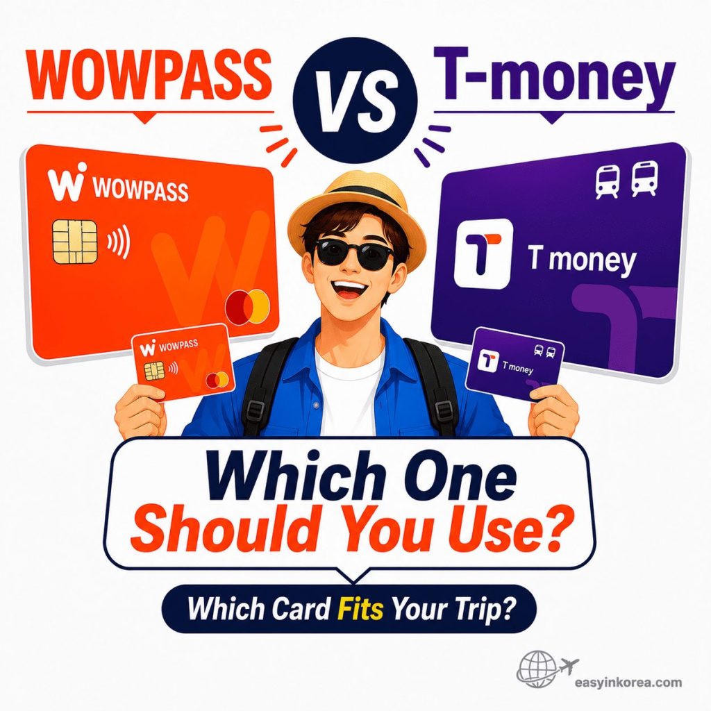 WOWPASS vs T-money comparison for foreign travelers in Korea, showing both cards and helping visitors choose the right option for payments and public transportation.