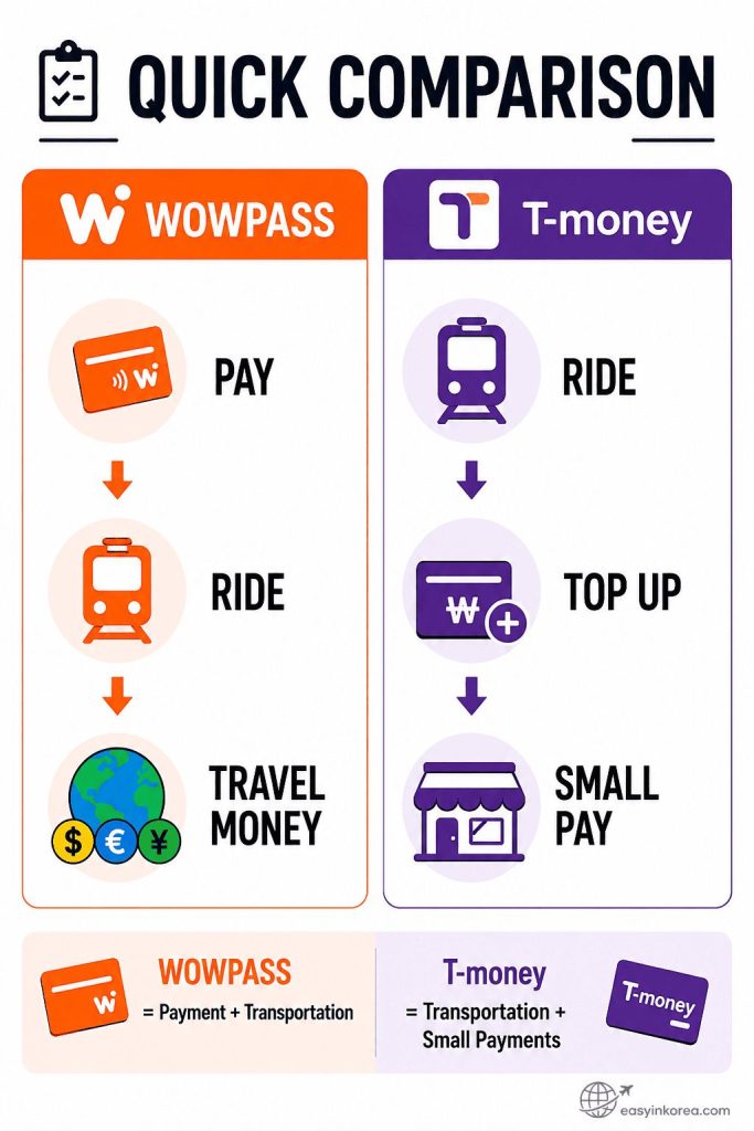 WOWPASS vs T-money quick comparison showing payments, transportation, top-up, travel money, and small purchases in Korea