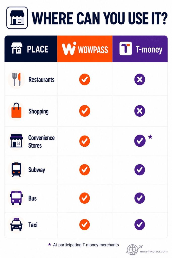 WOWPASS vs T-money comparison showing use at restaurants, shops, convenience stores, subways, buses, and taxis in Korea