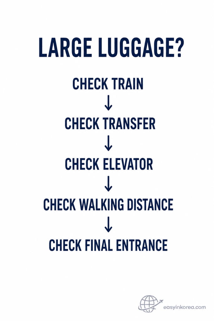 AREX Express vs All Stop luggage decision graphic showing train, transfer, elevator, walking distance, and final entrance checks for travelers with large luggage.