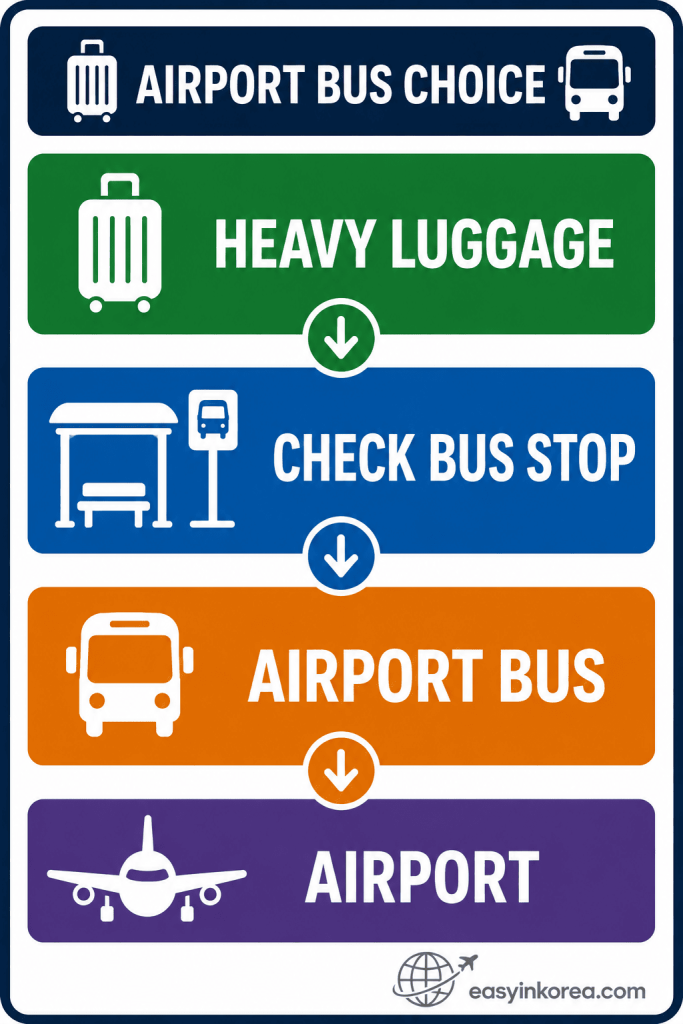 Dongdaemun to Incheon Airport airport bus choice showing heavy luggage, checking a nearby bus stop, airport bus, and airport