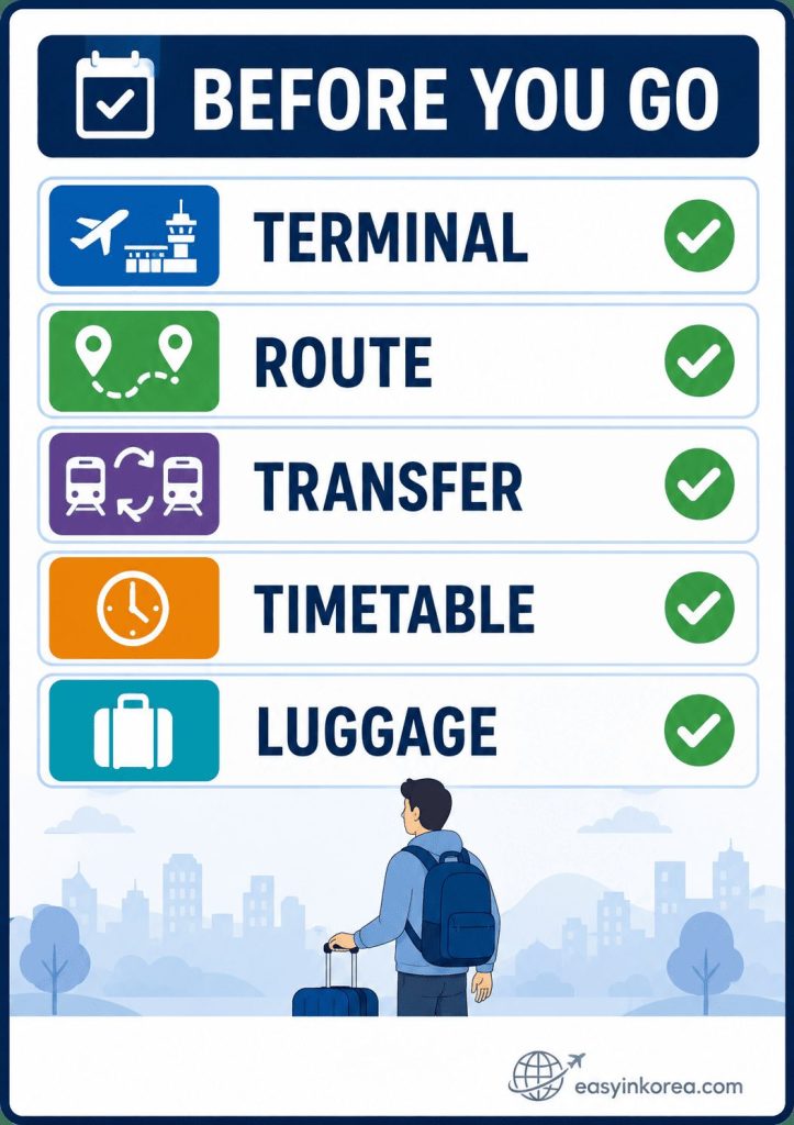 Dongdaemun to Incheon Airport before-you-go checklist for terminal, route, transfer, timetable, and luggage