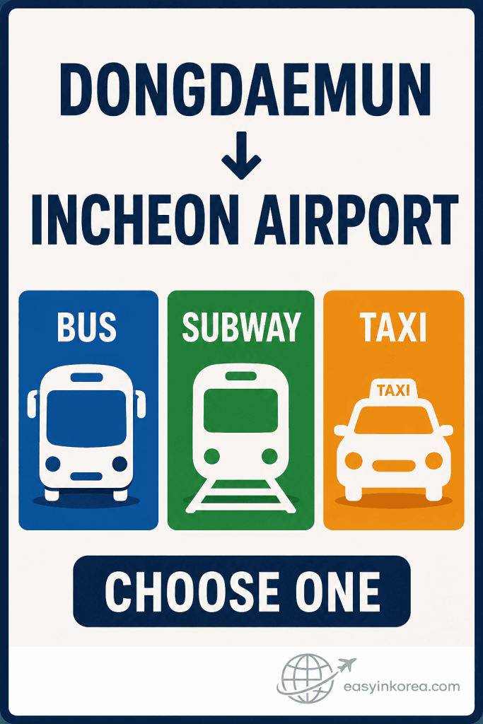 Dongdaemun to Incheon Airport transportation choices showing airport bus, subway, and taxi