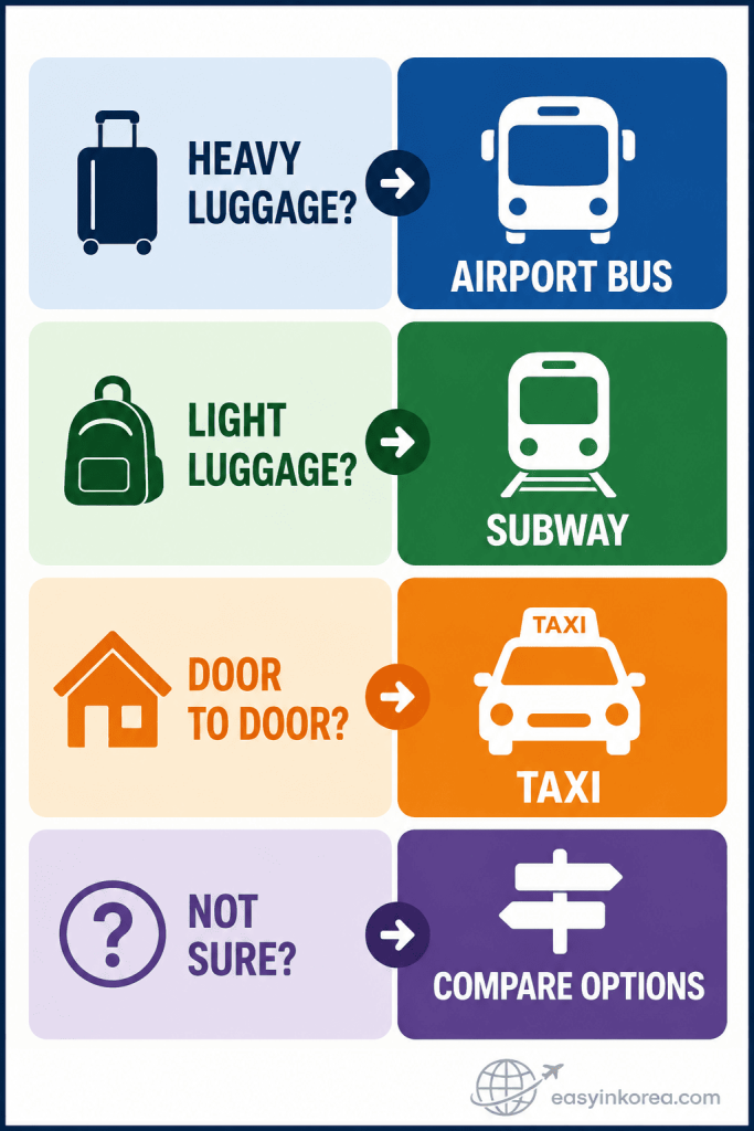 Dongdaemun to Incheon Airport quick decision showing airport bus for heavy luggage, subway for light luggage, taxi for door-to-door travel, and compare options if unsure
