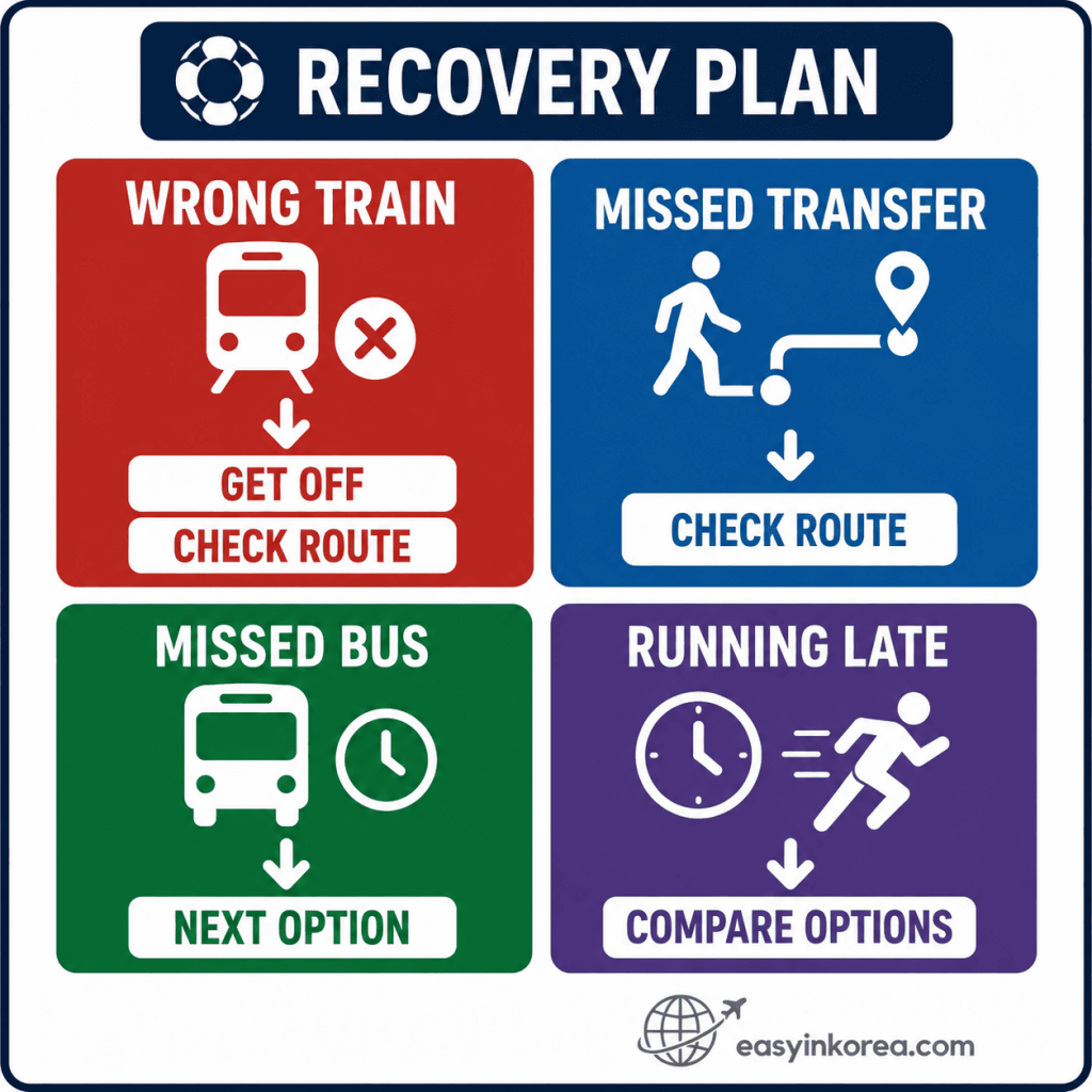 Dongdaemun to Incheon Airport recovery plan showing what to do after a wrong train, missed transfer, missed bus, or travel delay