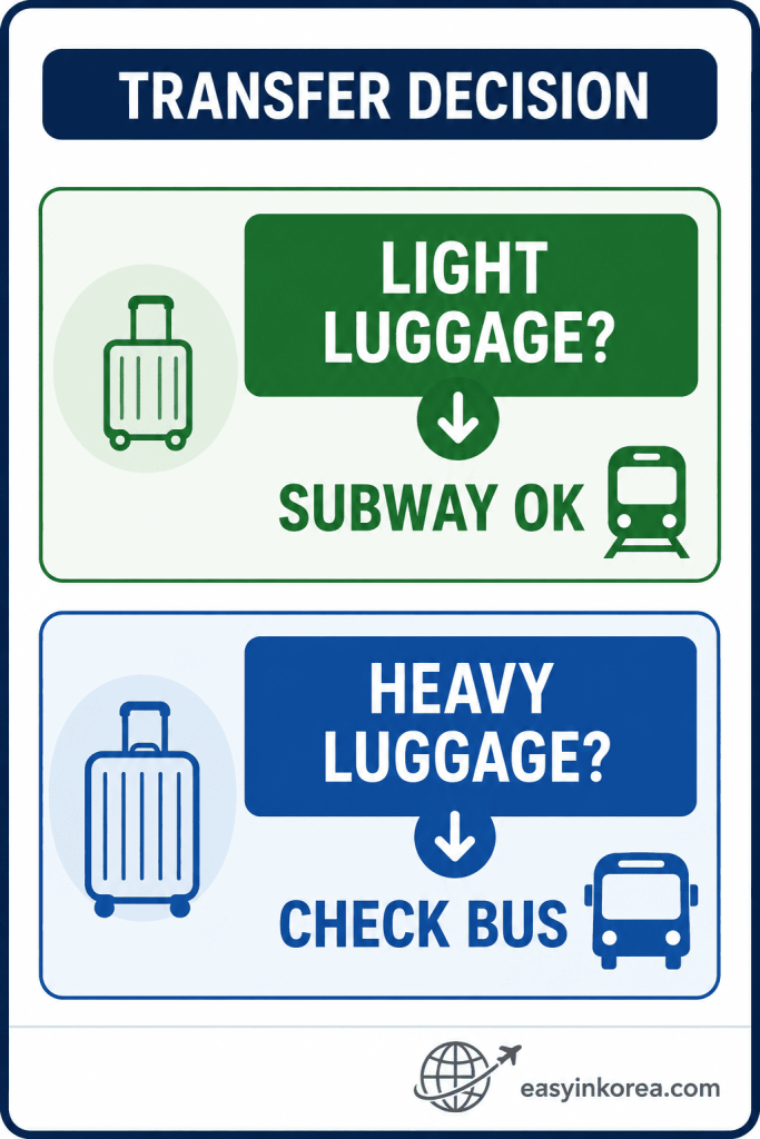 Dongdaemun to Incheon Airport transfer decision showing subway for light luggage and checking the airport bus for heavy luggage