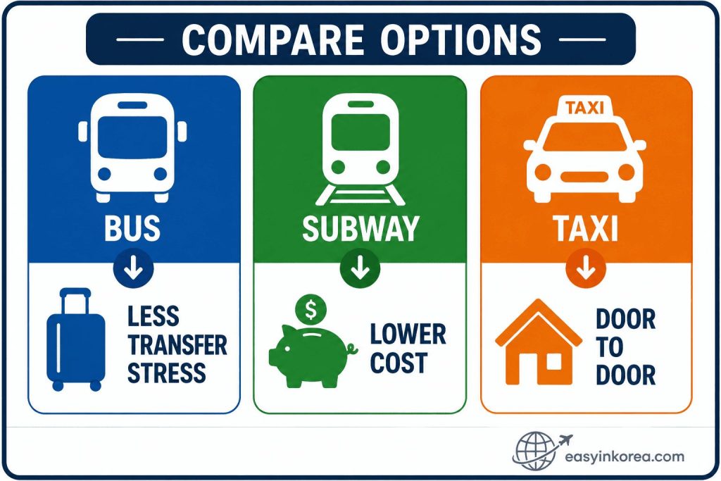 Dongdaemun to Incheon Airport comparison showing airport bus with less transfer stress, subway with current fare, and taxi with door-to-door travel
